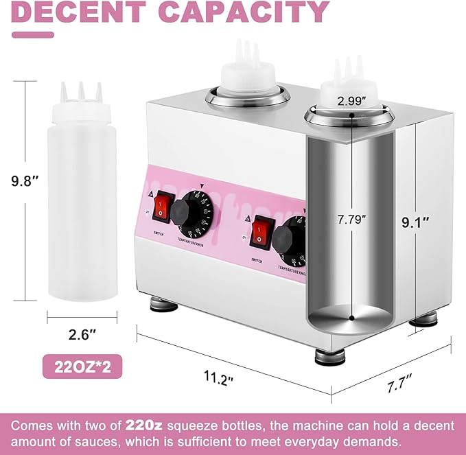 Electric Sauce Warmer Hot Fudge Warmer Dispenser Nacho Cheese Warmer Jam Heat Preservation Machine with 22oz Bottles, 86~185℉ 110V