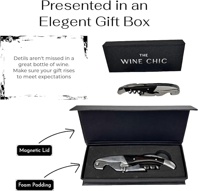 The Wine Chic Premium Professional Corkscrew Wine Opener with Elegant Wood Handle, Manual Wine Key with Foil Knife and Cap Bottle Opener for Bartenders, Waiters and Sommeliers (Black)