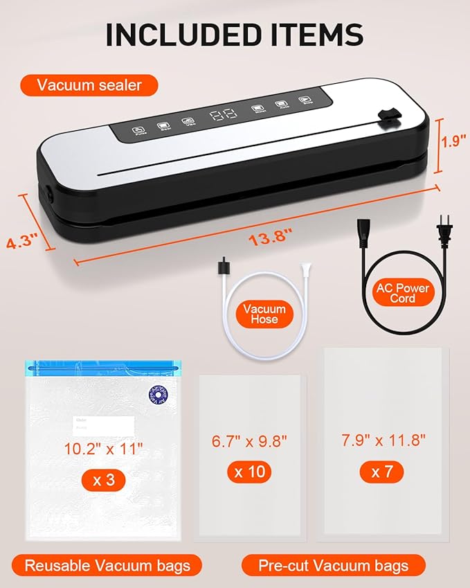 Food Vacuum Sealer Machine, 75kpa Powerful Food Saver Vacuum Sealer Machine with Cutter, 6-in-1 Automatic Air Sealing for Food Storage, Sous Vide, Meat, Vegetables, Dry/Moist Modes