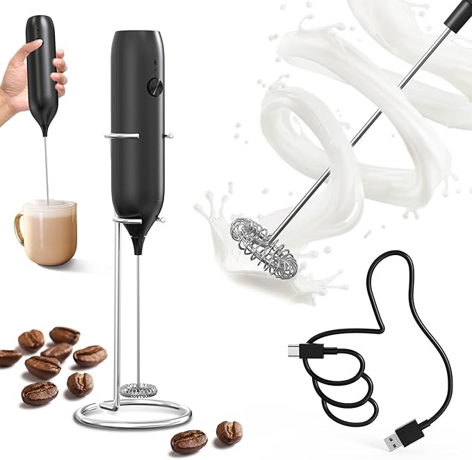 CIRCLE JOY Powerful Milk Frother Handheld with Stand Rechargeable Milk Foamer Electric Mini Drink Mixer for Coffee, Cappuccino, Lattes, Frappe, Matcha and Hot Chocolate, Black