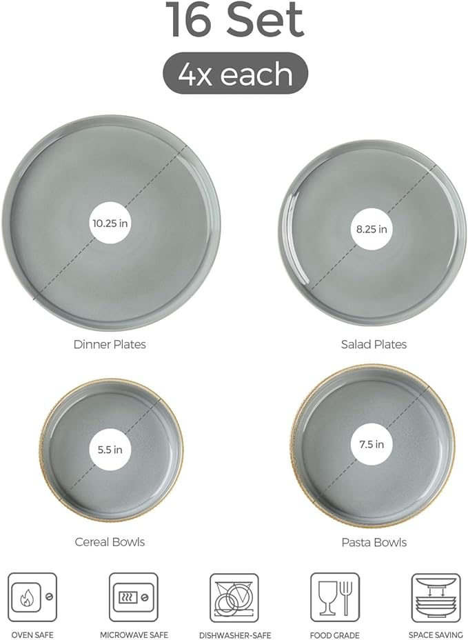 TheTerra Ceramic Dinnerware Sets with Pasta Bowls for 4, 16 Pieces Porcelain Lightweight Plates and Bowls Sets, Scratch Resistant Dish Set, Oven & Microwave & Dishwasher Safe, Desert Sage