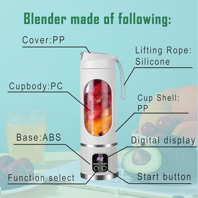 Portable blender,USB-C rechargeable,Personal compact travel juicer cup15OZ for Shakes, Smoothies,Fresh juice,Self-cleaning,Leakproof lid, Smart time display,12 blades,with strong blending White