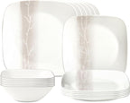 Corelle Vitrelle 18 Piece Glass Dinnerware Sets Rectangular Square Plate and Bowl Set Service for 6, Triple Layer Chip & Crack Resistant Glass Plate and Bowl Sets, Wandering Grove