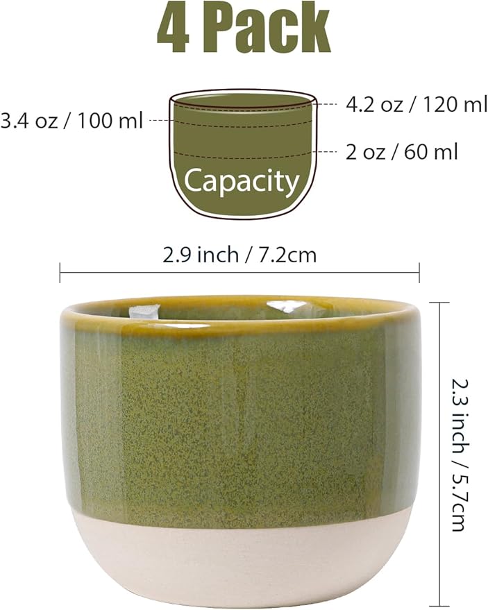 INGOFIN Ceramic Espresso Cup Set of 4-4.2 oz Espresso Cup for Coffee and Tea, Modern Porcelain Glazed Demitasse Cups, Microwave Dishwasher Safe Mugs, Suit for Espresso Machine, Green