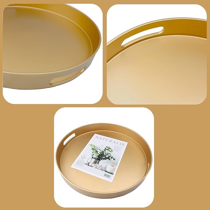 Gold Round Decorative Tray with Handles, 13" Versatile Serving Tray for Coffee Table, Ottoman, Ideal for Serving, Displaying, Organizing
