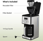 Gevi 14-Cup Drip Coffee Maker, Programmable with Timer for Home & Office, 2-Hour Warm, Pause & Serve, Glass Carafe