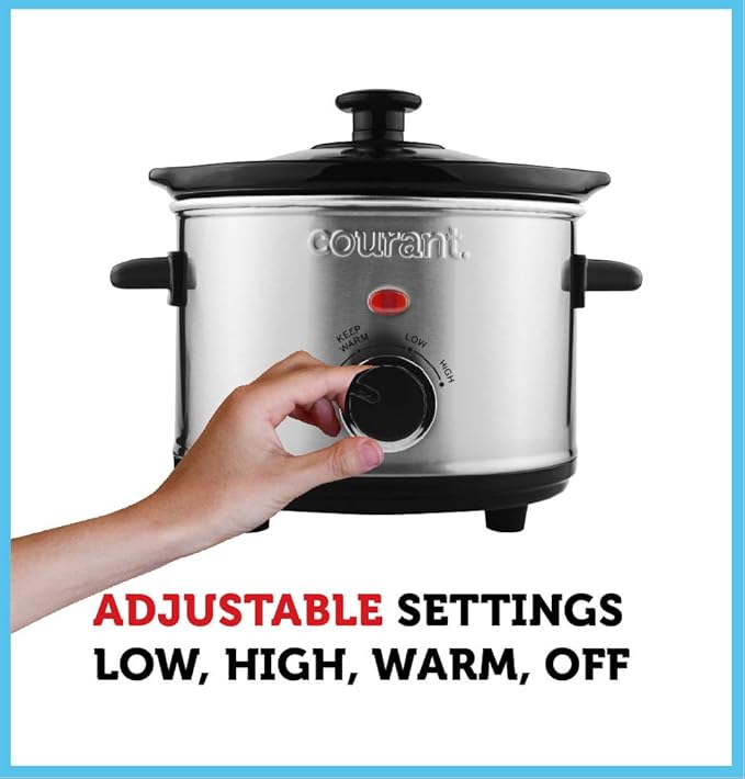 Courant Small Slow Cooker 1.6 QT, 3 Heat Settings, Removable Ceramic Pot" Easy Clean, Dishwasher Safe, Mini Slow Cooker, Stainless Steel