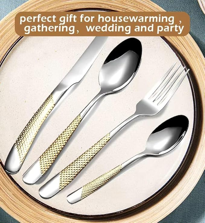 16-Piece Stainless Steel Modern Flatware Set For 4,Silverware Set With Thick Material, Silver and Gold Dining Cutlery Set For Family party, Memorial Day, Christmas Gifts