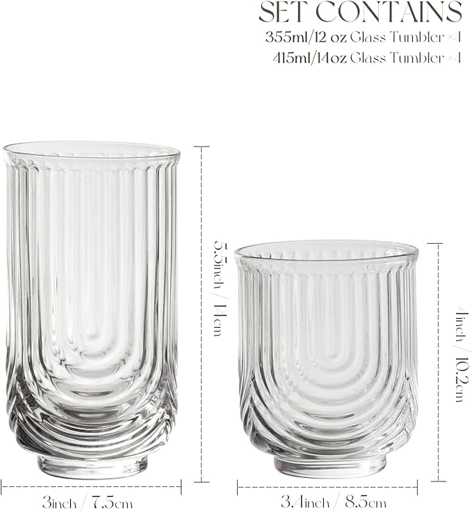 Art Deco Cocktail Glasses, Highball Glasses Set Of 8, Ribbed Glasses, Drinking Glasses Set, Unique Glassware, Beverages Ice Coffee Cup, Ideal for Whiskey, Beer, Juice, Water