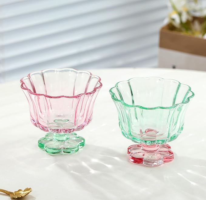 Ice Cream Bowls Drinking Glass Cups Set of 2 (Pink & Green), Flower Petal Style Glasses, 8.5oz, Suitable for Ice cream, Cocktails, Dessert & More.