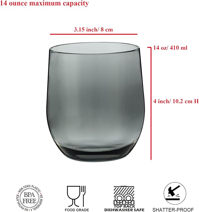 14-ounce Plastic Stemless Wine Glasses, All Purpose Arcylic Glasses, set of 6 Grey Reusable Shatter-resistant Dishwasher Safe