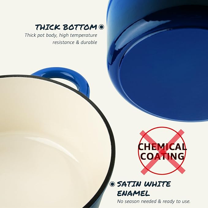 Overmont Enameled Cast Iron Dutch Oven - 7QT Pot with Lid Cookbook & Cotton Potholders - Heavy-Duty Cookware for Braising, Stews, Roasting, Bread Baking blue