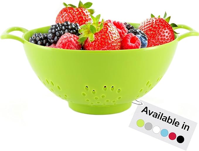 Meadow Lane 6-inch Small Colander, BPA-Free, Dishwasher Safe, Double Handles, Compact Food Strainer for Berries, Veggies and Pasta, 3-Cup Capacity, Meadow Green