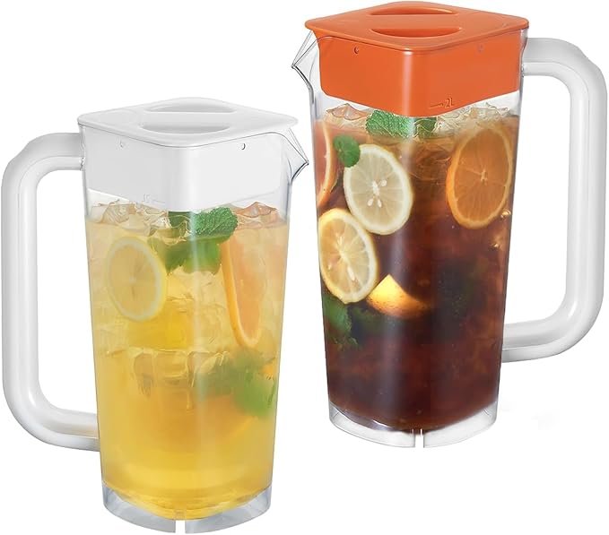CURTA 2 Pack 2 Liters/68 oz Plastic clear Square Pitcher with Lid & Handle for Kitchen,ICED JUICE and Coffee Carafe Beverage Serveware, Acrylic Water Jug for Hot/Cold Drinks&lemonade