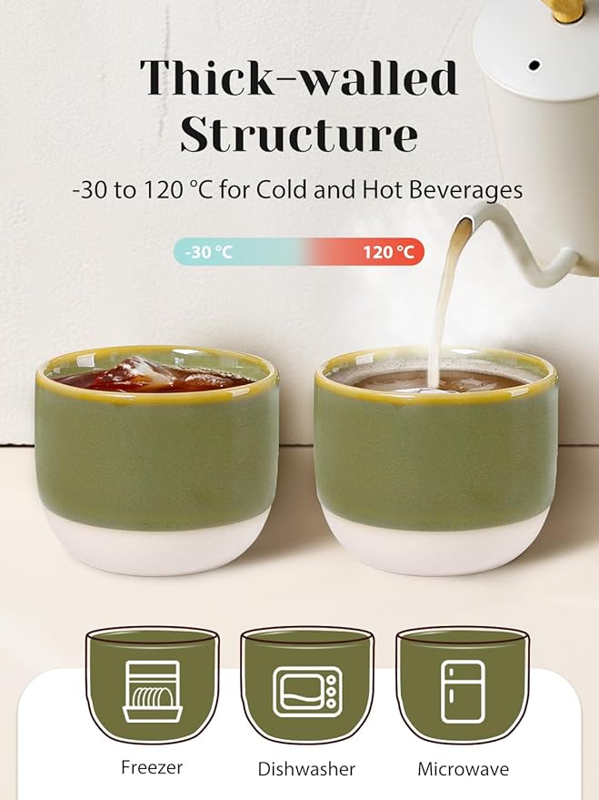 INGOFIN Ceramic Espresso Cup Set of 4-4.2 oz Espresso Cup for Coffee and Tea, Modern Porcelain Glazed Demitasse Cups, Microwave Dishwasher Safe Mugs, Suit for Espresso Machine, Green