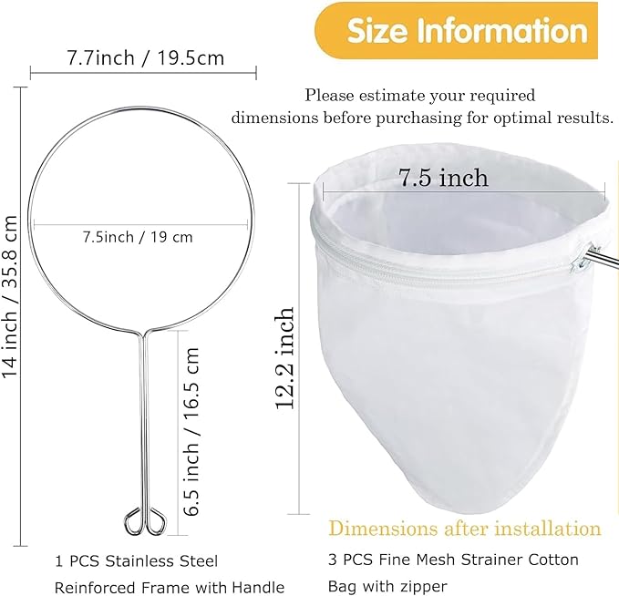 WMKGG Ultra Fine Mesh Strainer Bags, Reusable Mesh Filter Bags with Stainless Steel Handle Frame for Filter NutMilk, Coffee, Milk, Butter, Juices and Fresh Cheese (Medium Size)(7.5"Wx12.2"D)
