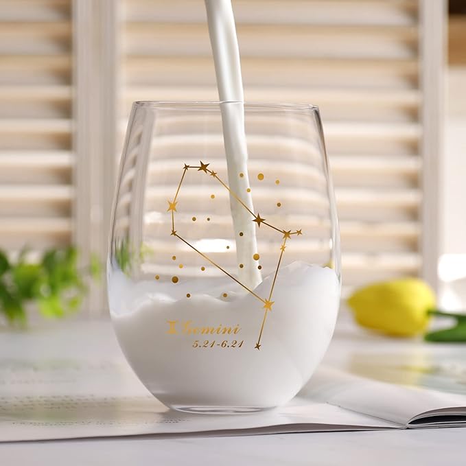 HOHY Gemini Stemless Wine Glass - 20 Oz, Constellation Design, Astrology Zodiac Gift for June Birthday Women