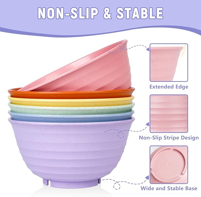 Cereal Bowls, 34 Oz Large Wheat Straw Dinnerware Sets of 6 with Spoon, Unbreakable Plastic Soup Bowls Reusable Microwave Dishwasher Safe for Salad Noodle Kitchen Breakfast, Multicolor