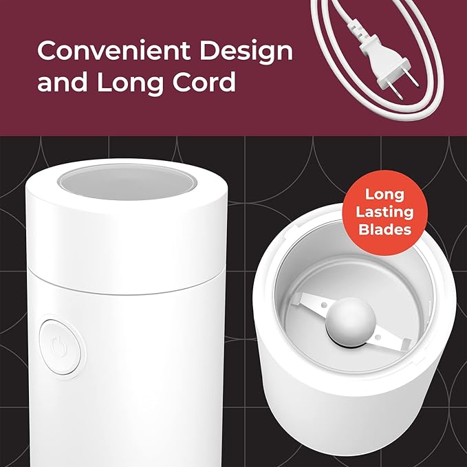 MuellerLiving Electric Coffee Grinder for Spice, Nut, Herbs and Coffee Beans, Sharp Blade, Stainless Steel - White