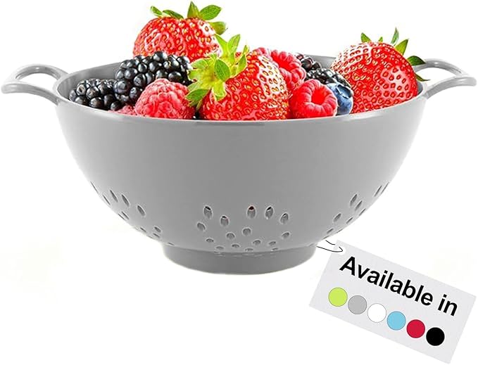 Meadow Lane 6-inch Small Colander, BPA-Free, Dishwasher Safe, Double Handles, Compact Food Strainer for Berries, Veggies and Pasta, 3-Cup Capacity, Silver Gray