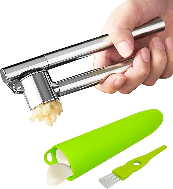 Heavy Duty Garlic Press Stainless Steel 3-Piece Set - Metal Garlic Smasher Press w/Peeler Tool & Clean Brush, Effortless Mincer for Ginger/Garlic (Extended Handle)