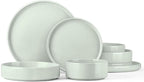 Stoneware Dinnerware Sets, Onader 8 Piece Plates and Bowls Dishes Sets for 2, Speckled Kitchen Dishware Dining Ware with Double Bowl – Pale Sage Green