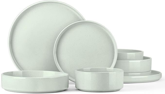 Stoneware Dinnerware Sets, Onader 8 Piece Plates and Bowls Dishes Sets for 2, Speckled Kitchen Dishware Dining Ware with Double Bowl – Pale Sage Green