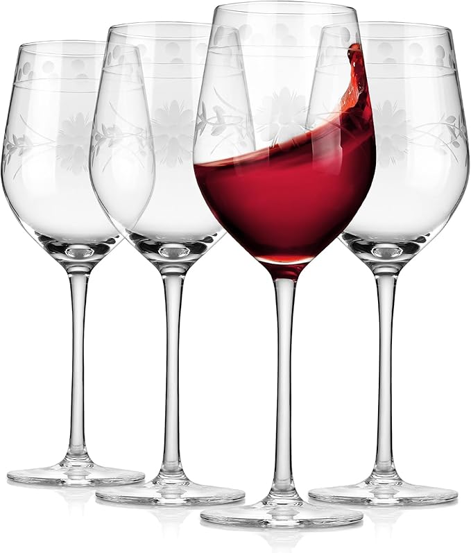 Premium Delight Wine Glasses Set of 4,16.5 oz – Hand-Blown with Etched Long Stem, Classic Glassware for Weddings, Dinners, and Holiday Gifting (Red Wine Glass)
