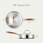 CAROTE 10" Tri-Ply Stainless Steel Deep Frying Pan with Lid, Non-Toxic Saute Pan, Oven Safe, Induction, Ceramic and Gas Cooktops Compatible, Silver