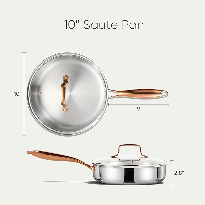 CAROTE 10" Tri-Ply Stainless Steel Deep Frying Pan with Lid, Non-Toxic Saute Pan, Oven Safe, Induction, Ceramic and Gas Cooktops Compatible, Silver