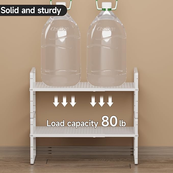 2Pack Expandable Cabinet Shelf Organizers, Stackable Metal Shelves Extender for Kitchen Countertop Storage, Adjustable Spices Shelves Rack Stand for Cupboard Pantry, White