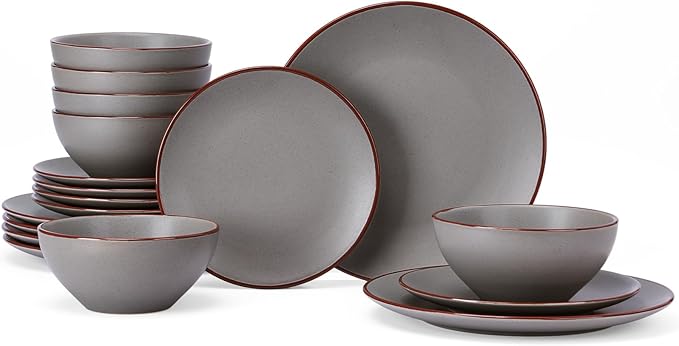 Famiware Venus Plates and Bowls Sets, 18 Pieces Stoneware Dinnerware Sets, Speckled Dishes Set for 6, Microwave and Dishwasher Safe, Matte Dark Grey