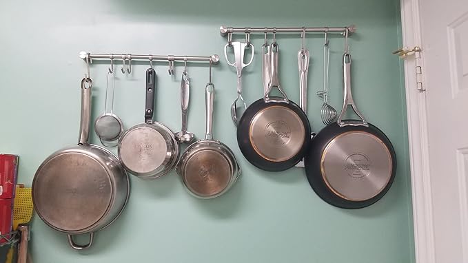 Kitchen Utensil Rack 2 Pack, 15.6 Inch Pots and Pans Hanging Rack Wall Mounted, 304 Stainless Steel Lid Cooking Utensil Hanger, 7 Sliding Hooks for Spatula Spoon, Measuring Cups, Coffee Mug