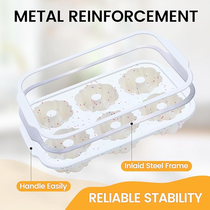 CAKETIME Mini Fluted Tube Pan with Metal Reinforced Frame, 6-Cavity Silicone Nonstick Small Cake Molds 2Pcs for Chocoflan, Donuts, Cornbread, Brownies, Jellies BPA Free