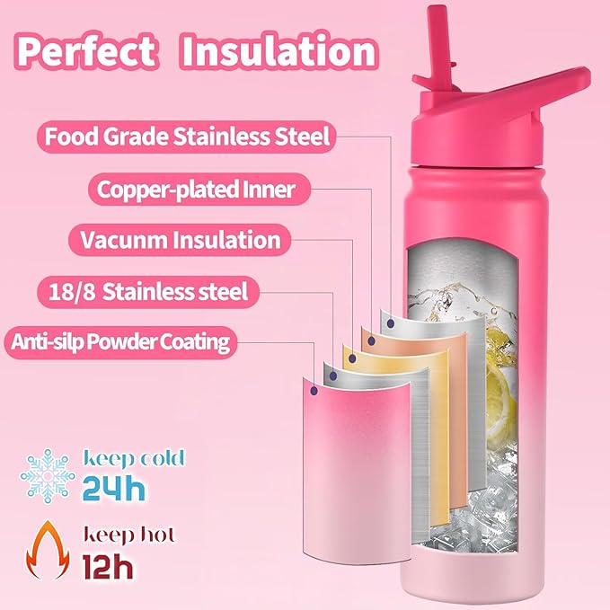 mininoo Insulated Stainless Steel Water Bottle with Straw and Lid for Sports, 24 oz, Sweet Peach