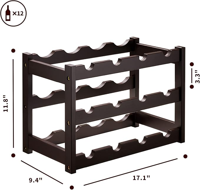VASMIA Bamboo Wine Rack, Sturdy and Durable Wine Storage Cabinet Shelf, Wine Racks Countertop for Pantry,Kitchen,3-Tier 12 Bottles Wine Rack Brown