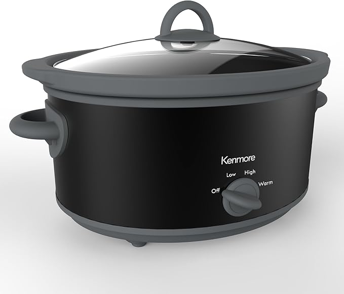 Kenmore Slow Cooker - 5 Lb Chicken 3 Lb Roast Mini Crock Pot With Glass Lid, Stainless Steel Electric Cookers, Warm Rice & Sous Vide Stew, Soup, Lunch, Dishwaher Safe Non-Stick Ceramic Insert, 5 Quart