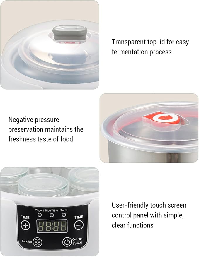 Pilipane Electric Yogurt Maker Machine 1.2L Homemade Yogurt Natto Maker Small Home Yogurt Incubator with Jars Stainless Steel Liner