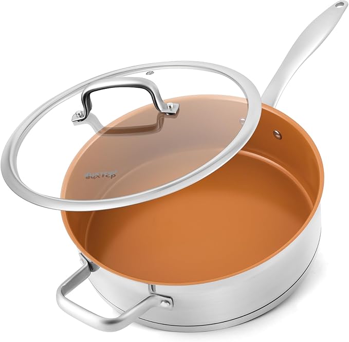 Ceramic Saute Pan with Lid, 5.5QT Nonstick Frying Pan without PFAS, PTFE, or PFOA, Stainless Steel Base Deep Skillet for All Cooktops, Oven & Dishwasher Compatible