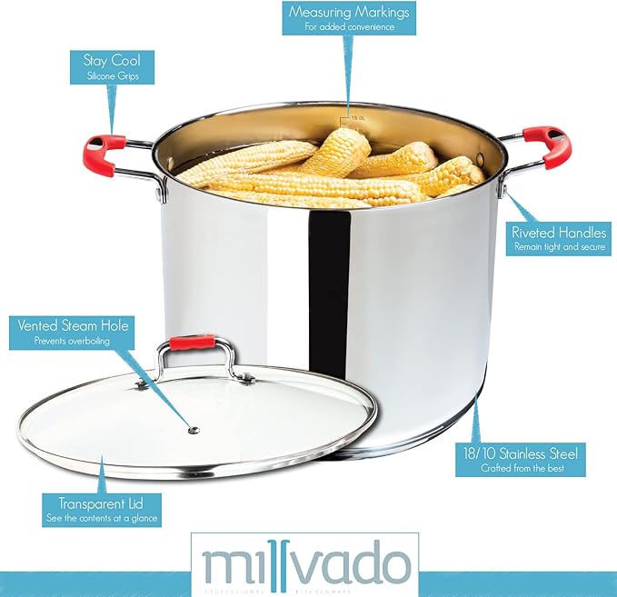 Stock Pot, Large Stainless Steel 11 Quart StockPot, Large Cooking Pot, Clear Glass Lid and Measurement Markings, Steam Hole, Induction, Gas, Electric Compatible Big Boiling Pot