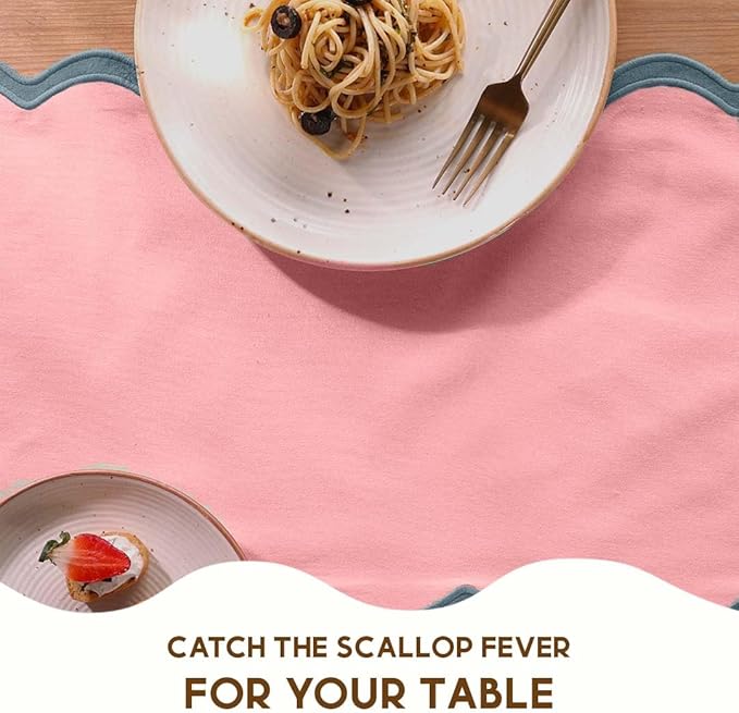 Folkulture Table Runner | Table Runners 90 inches Long | Scallop Table Runner for Farmhouse Decor or Boho Decor | Boho Pink Table Runners for Dining Room Table Decor | Pastel Party Decorations