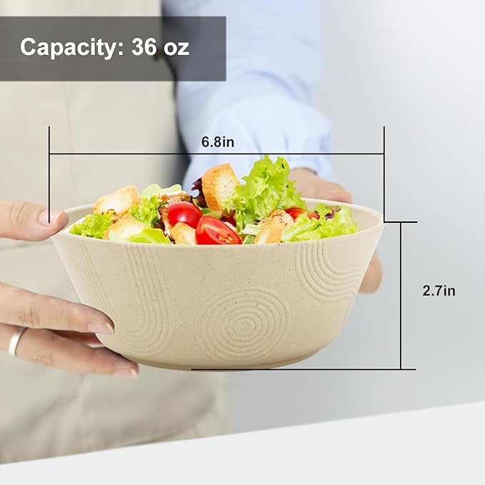 36 oz Wheat Straw Bowl Sets of 6, Alternative for Plastic Bowls Reusable Unbreakable Cereal Bowl for Popcorn, Salad, Soup, Microwave and Dishwasher Safe Serving Bowls for Kitchen (Beige)