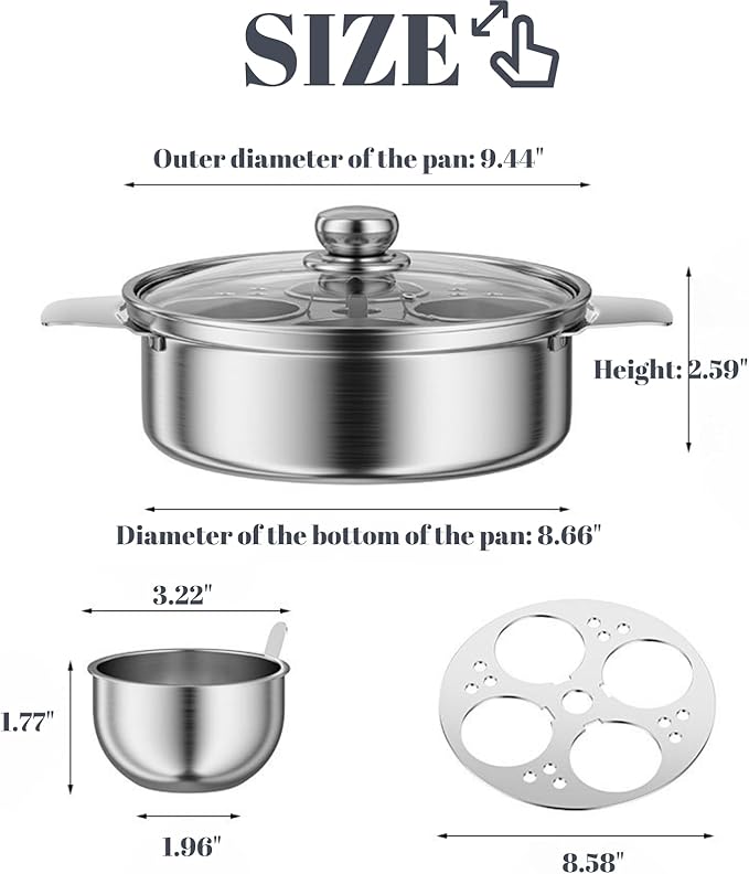 Egg Poacher Pan, Poached Egg Pan Stainless Steel Egg Pan with 4 Cups Egg Cooker Poached Egg Maker for Kitchen (without coating,with Oil Brush and Spatula)
