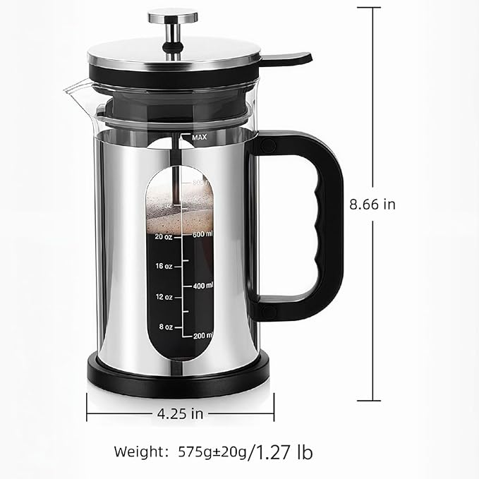 Camping 34oz French Press Coffee & Tea Maker - Heat Resistant Borosilicate Glass, Stainless Steel Outer, Press On Lid, Portable Travel Design, BPA Free