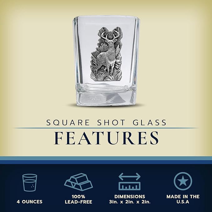 Heritage Pewter Whitetail Deer Square Shot Glass | Hand-Sculpted 1.5 Ounce Shot Glass | Intricately Crafted Metal Pewter Inlay