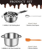 Artcome 304 Stainless Steel Melting Pot Set with Dual-Handles, Silicone Spatula & Spoon, 2600ml Pot & 1200ml Melting Bowl, Heat-Resistant Silicone Handles, Perfect for Melting Chocolate, Butter