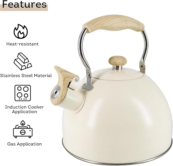 Lily's Home Whistling Tea Kettle, Teapot for Stovetop, Pleasant Whistle Sound, Heat Resistant Plastic Handle - Faux Wood Finish, Non Toxic Stove Kettle for Boiling Water - 2.5 Quarts (Cream)