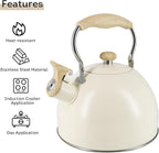 Lily's Home Whistling Tea Kettle, Teapot for Stovetop, Pleasant Whistle Sound, Heat Resistant Plastic Handle - Faux Wood Finish, Non Toxic Stove Kettle for Boiling Water - 2.5 Quarts (Cream)