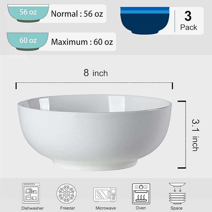 60 oz Large Soup Bowl, Pho Bowls, 8-Inch Off-White Porcelain Bowls Set of 3, Perfect for Hearty Meals and Serving