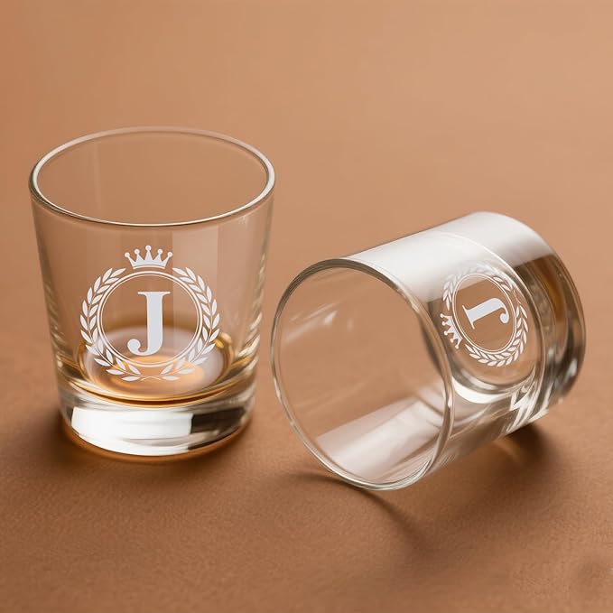 Whiskey Glasses - Rocks Old Fashioned Glass Gifts for Men, Monogrammed A-Z 10oz Personalized Whisky Glasses, Christmas Birthday Gifts for Men Him Dad Father Husband Brother Son (J)
